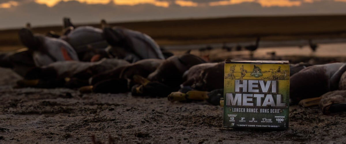 Heavy Metal Longer Range box sitting on the ground next to a line of dead ducks