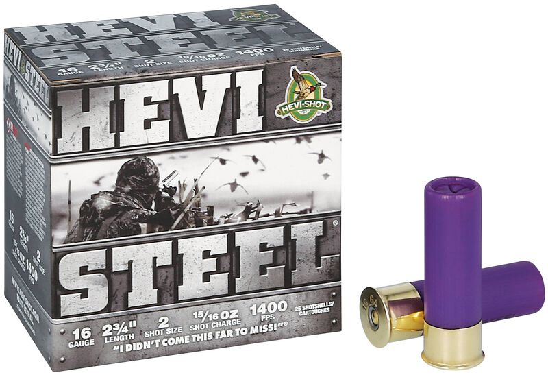 Hevi-Steel, 16 Gauge, 2 Shot, 2-3/4 in, 15/16 oz, 1400 fps